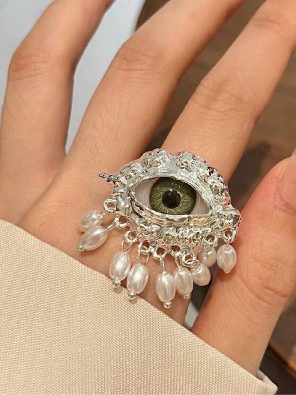 Silver Eye Ring with Green Iris and Pearl Drops
